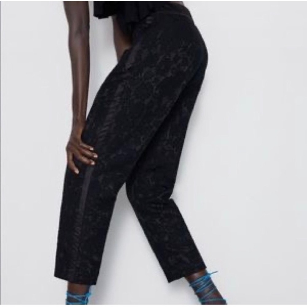 Zara NWT Black Lace Tuxedo Ankle Pants Satin‎ Trim Slim Straight Size Medium